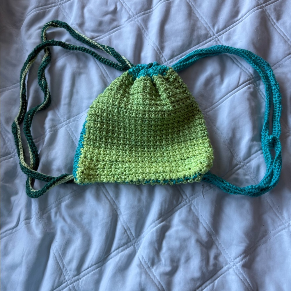 Green and Blue Crochet Drawstring Bag